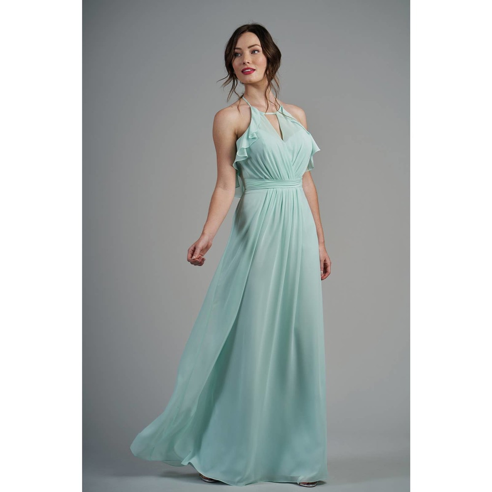 👗 B2 BY JASMINE Mint Green Chiffon Ruffle Keyhole Halter Gown Dress 12 NWT